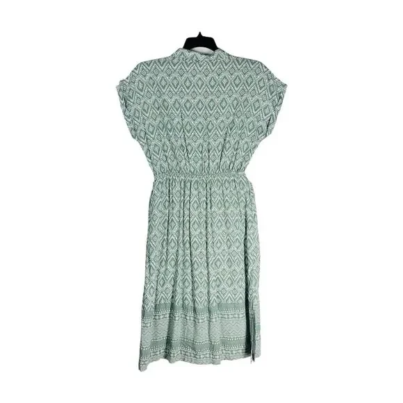 Lucky Brand Women's Midi Dress Large Green Print Button Front Short Sleeve Flowy - Picture 3 of 9